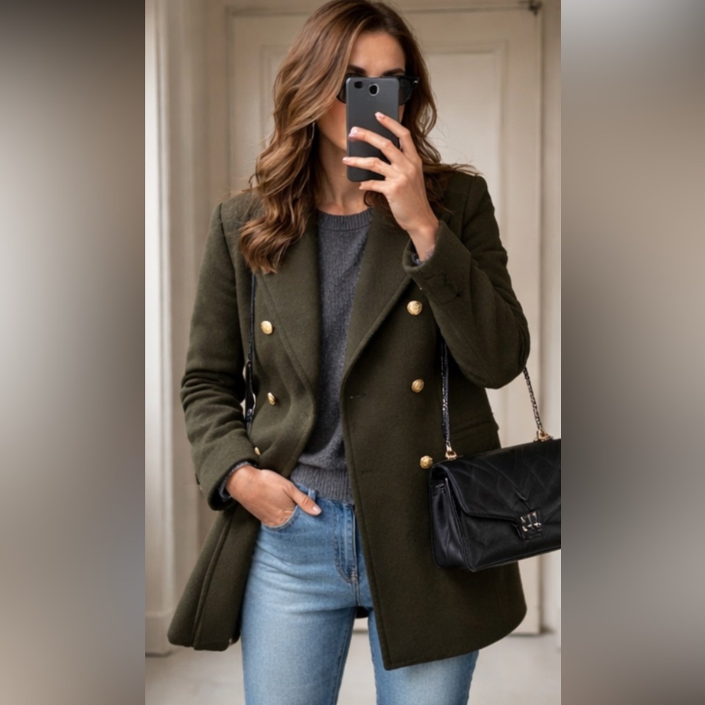 NWT Zara Wool Double-Breasted Pea Coat in Dark Olive Green Sz S - Picture 4 of 17